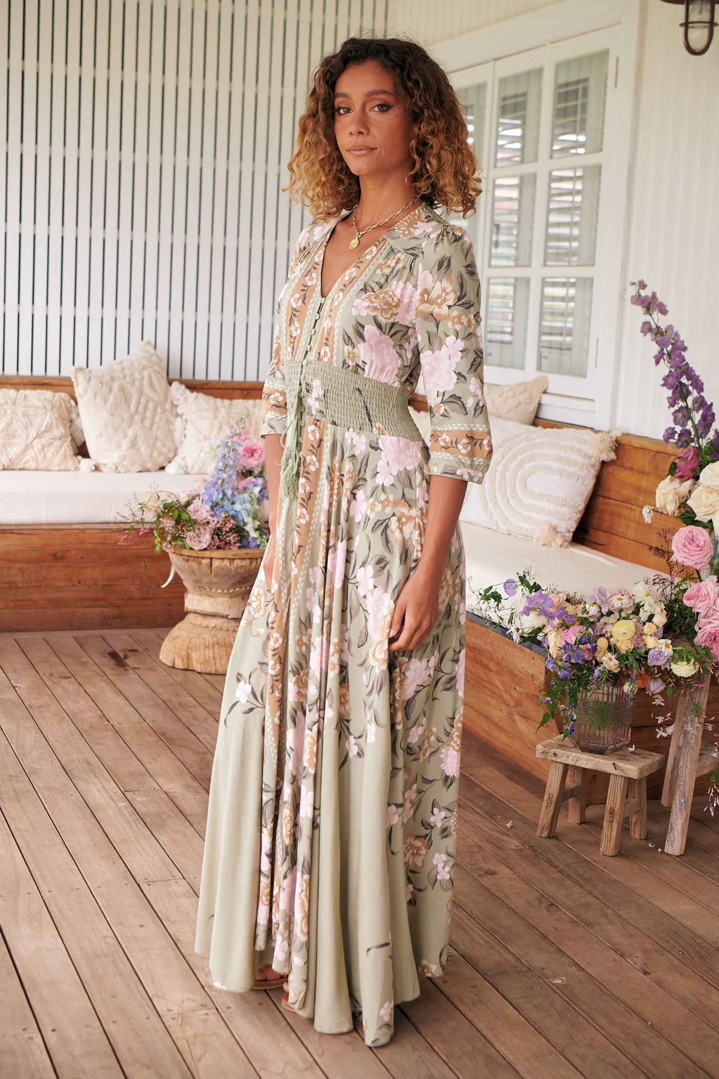 Delilah Maxi Dress  - Khaki/Pink