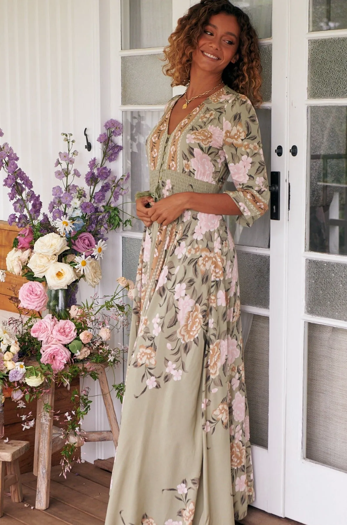 Delilah Maxi Dress  - Khaki/Pink