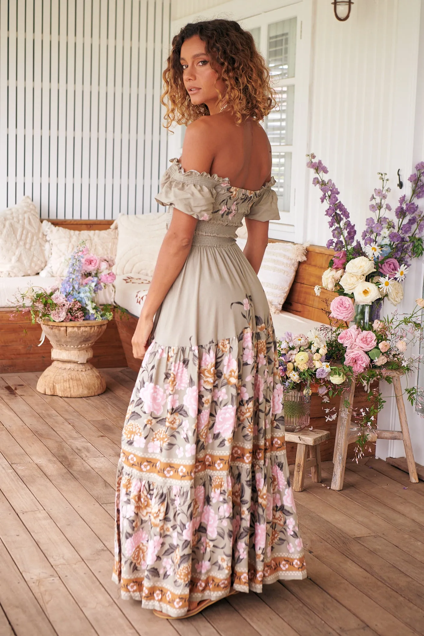 Delilah Shirred Maxi Dress - Khaki/Pink