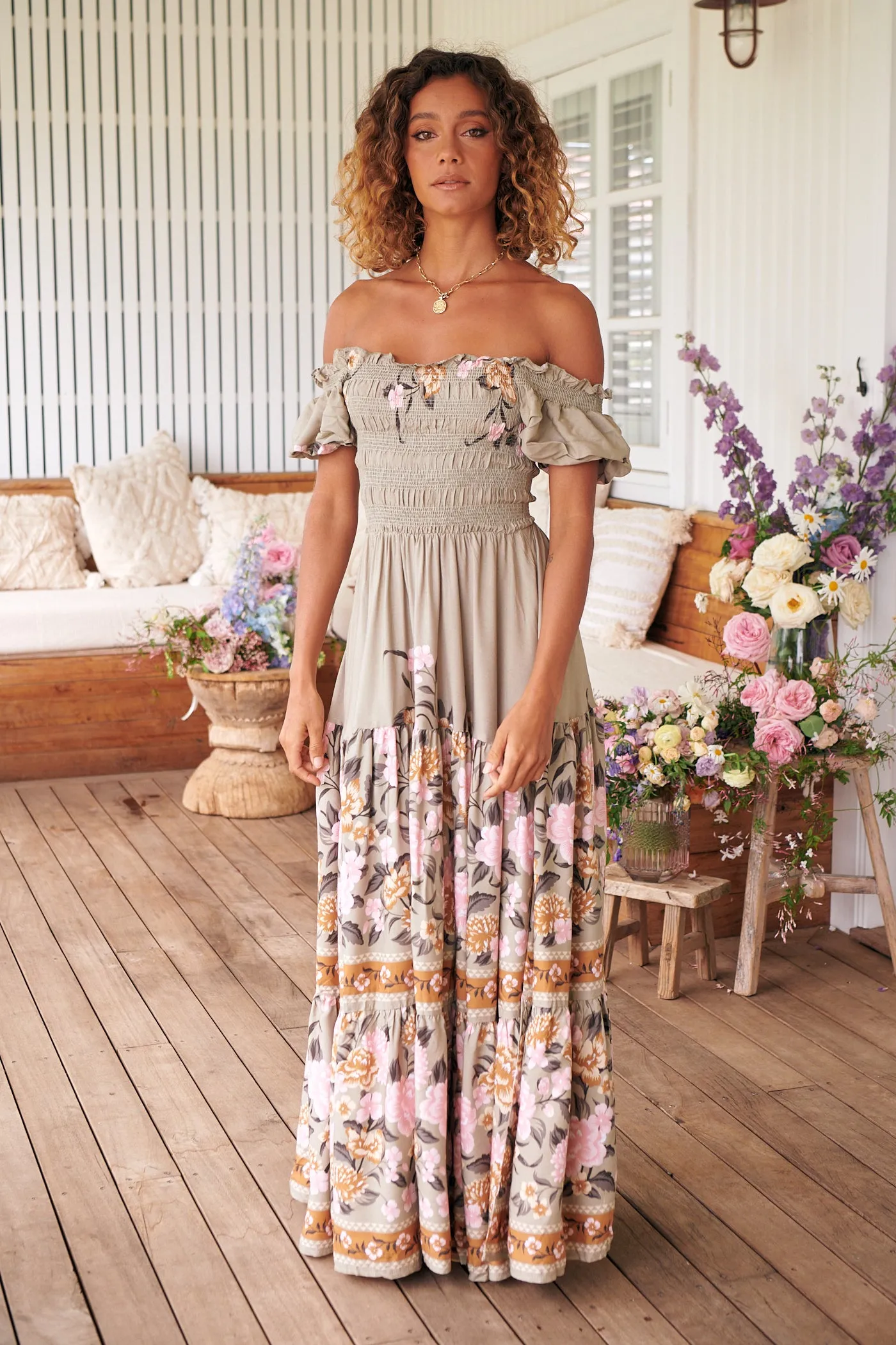 Delilah Shirred Maxi Dress - Khaki/Pink