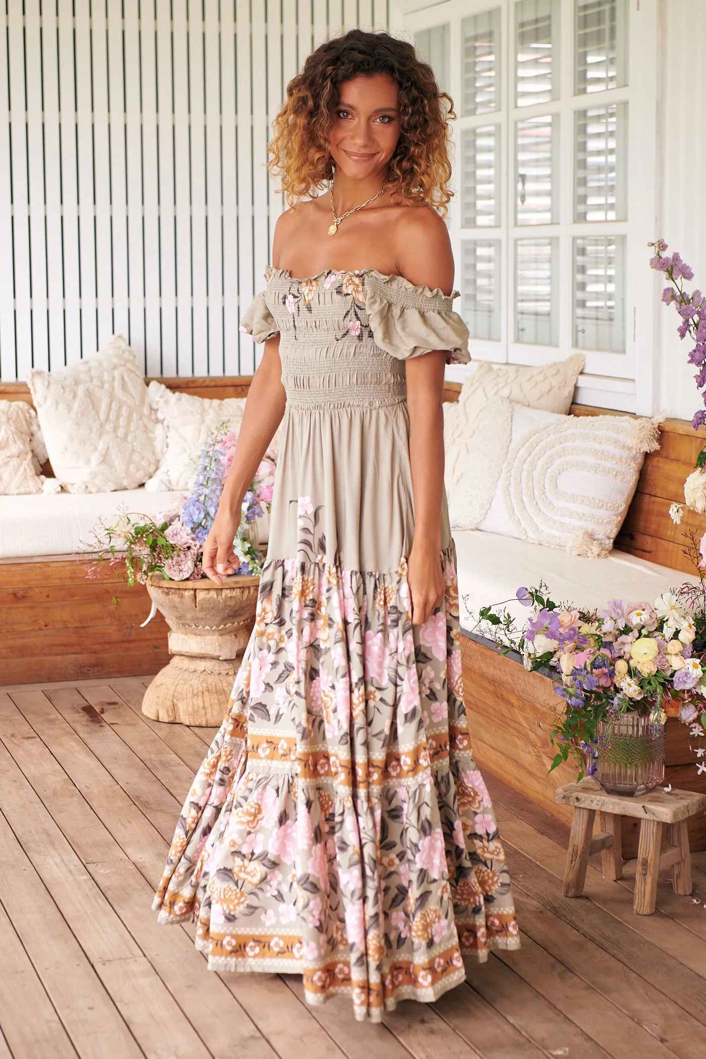 Delilah Shirred Maxi Dress - Khaki/Pink