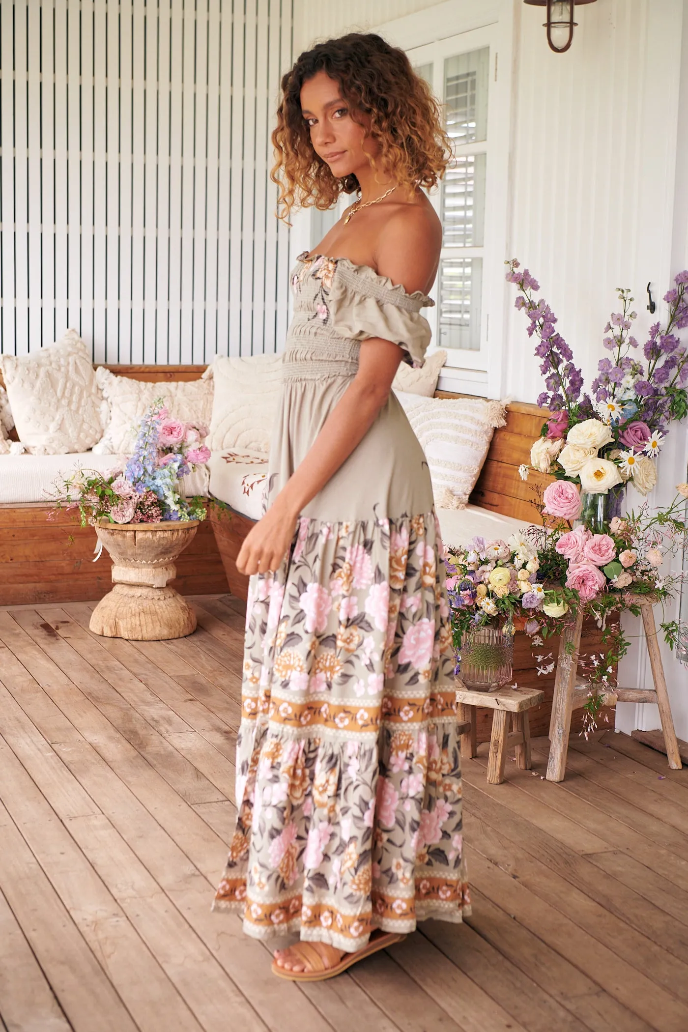 Delilah Shirred Maxi Dress - Khaki/Pink