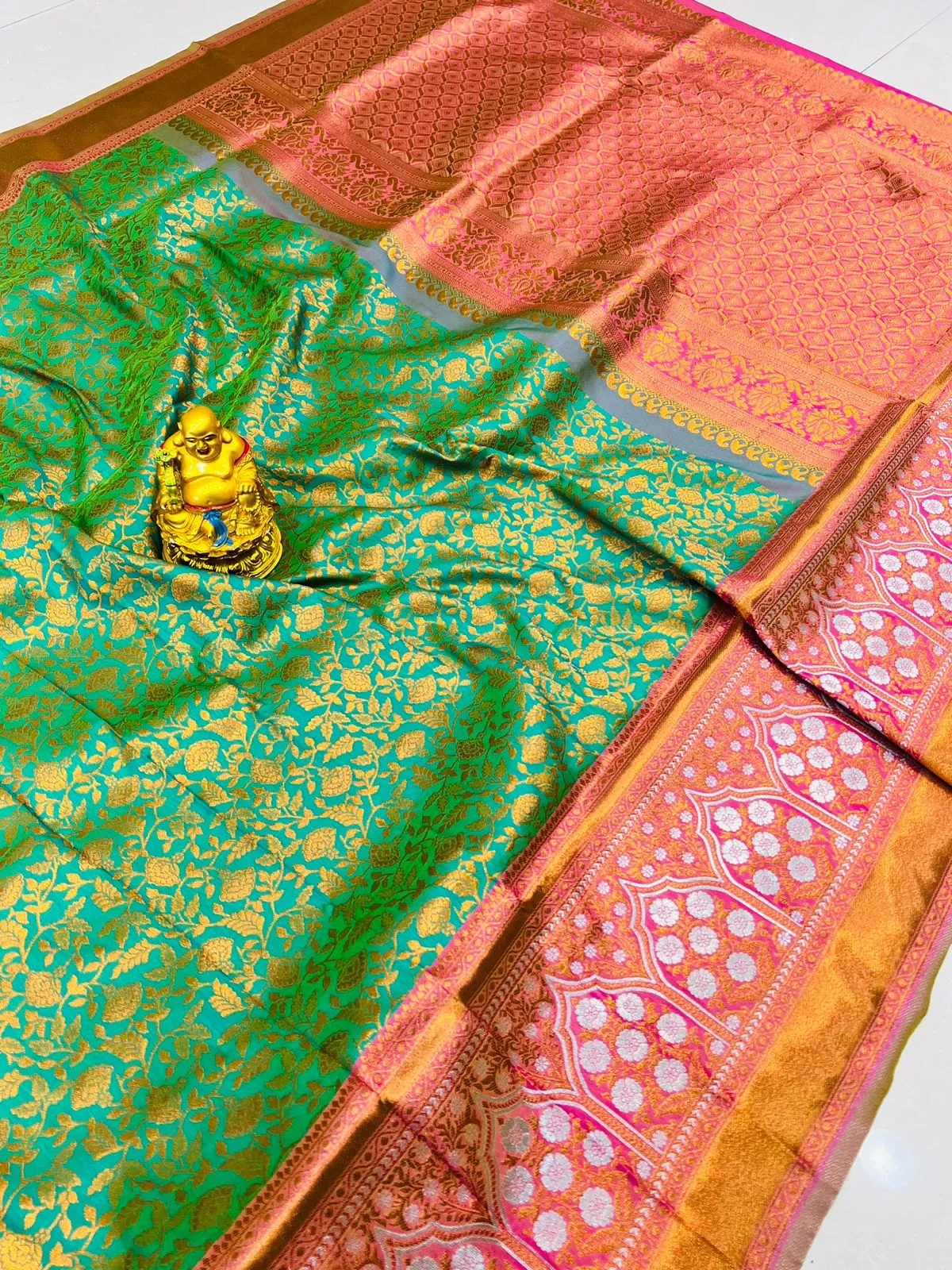 Designer Sea Green Kanjivaram Silk Saree With Murmurous Blouse Piece