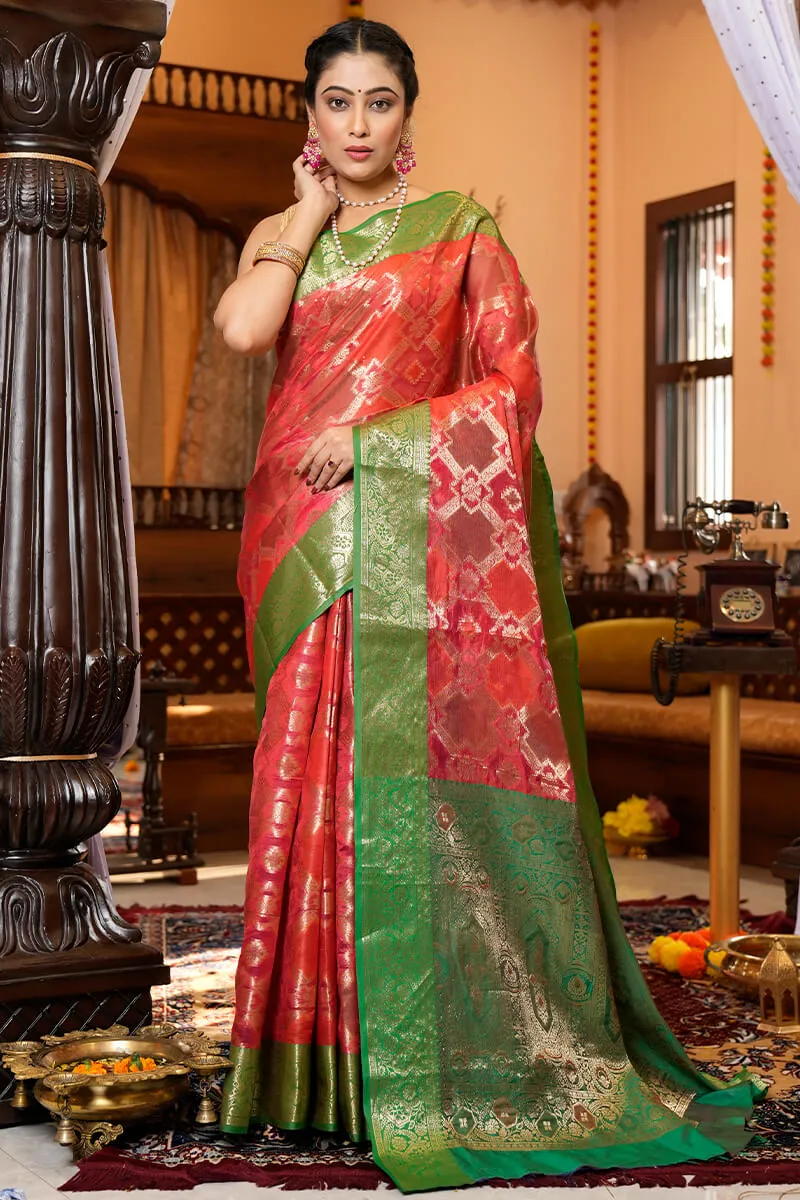 Desirable Red Organza Silk Saree With Exquisite Blouse Piece