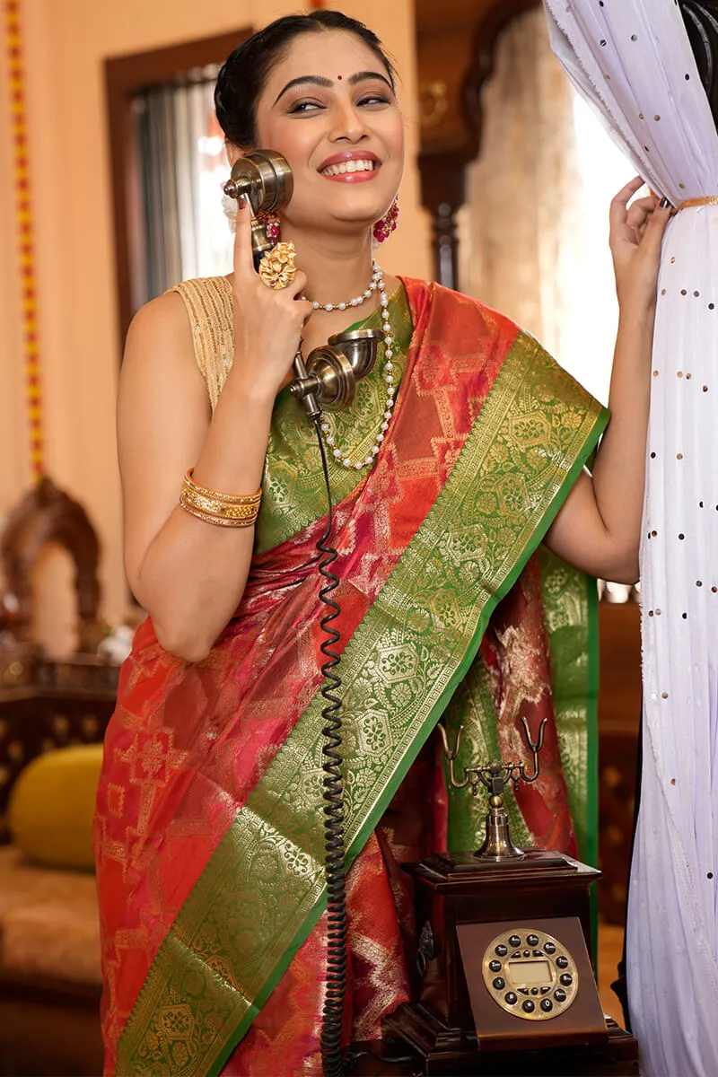 Desirable Red Organza Silk Saree With Exquisite Blouse Piece