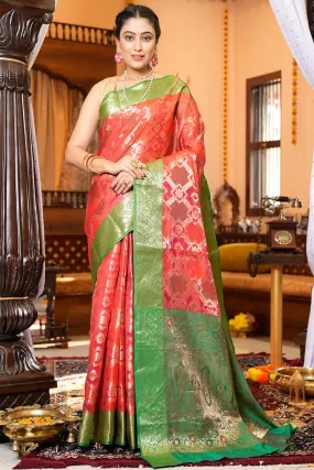 Desirable Red Organza Silk Saree With Exquisite Blouse Piece