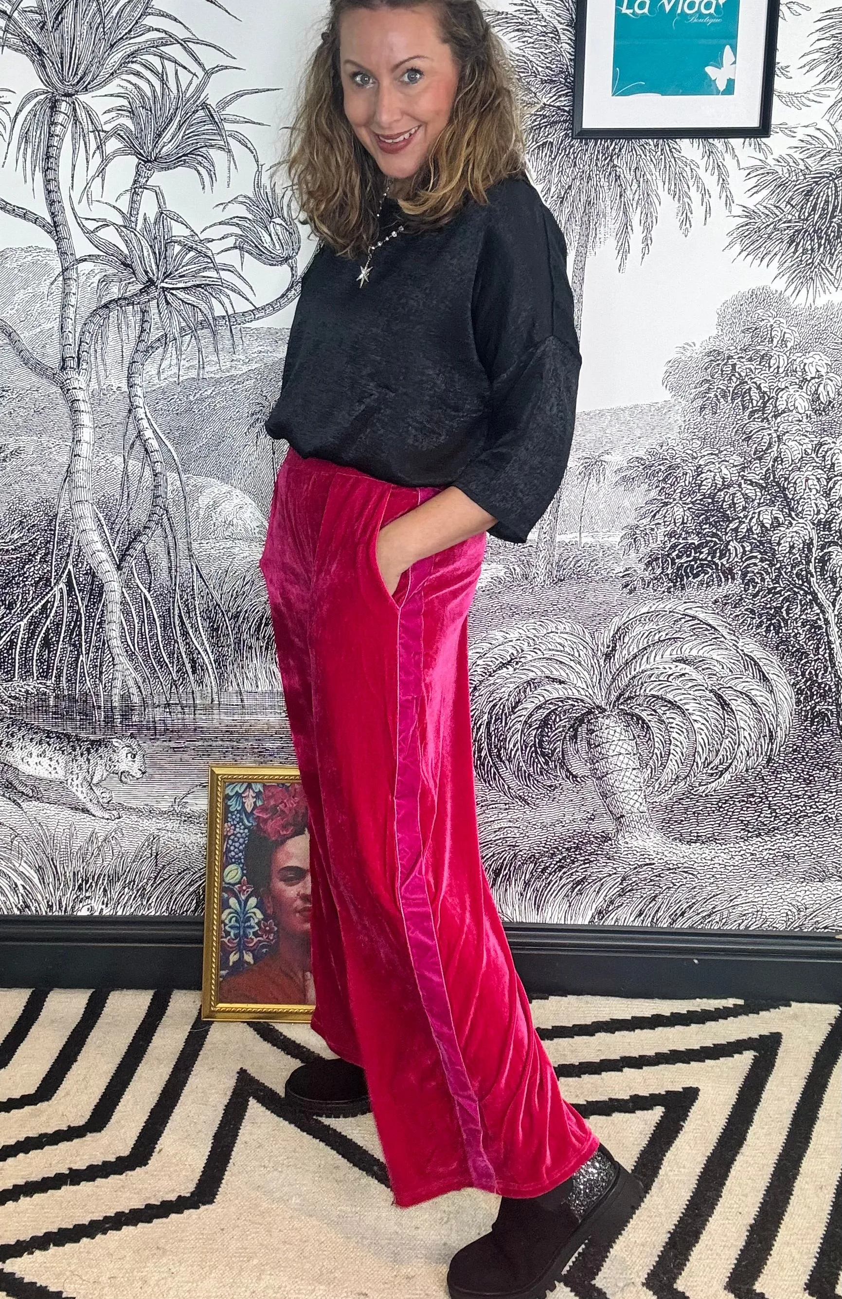 Diana Velvet Stripe Wide Leg Trousers in Pink