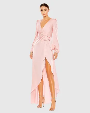 Draped Faux Wrap Puff Long Sleeve Gown