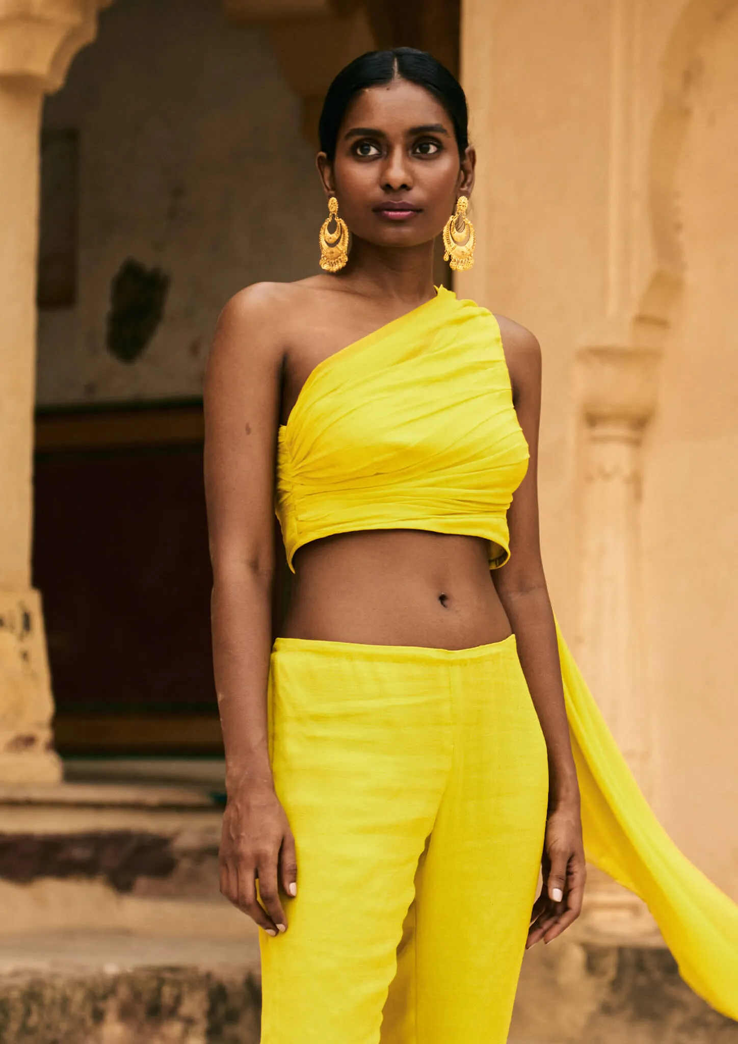 Draped Sash Asymmetric Silk Crop Top