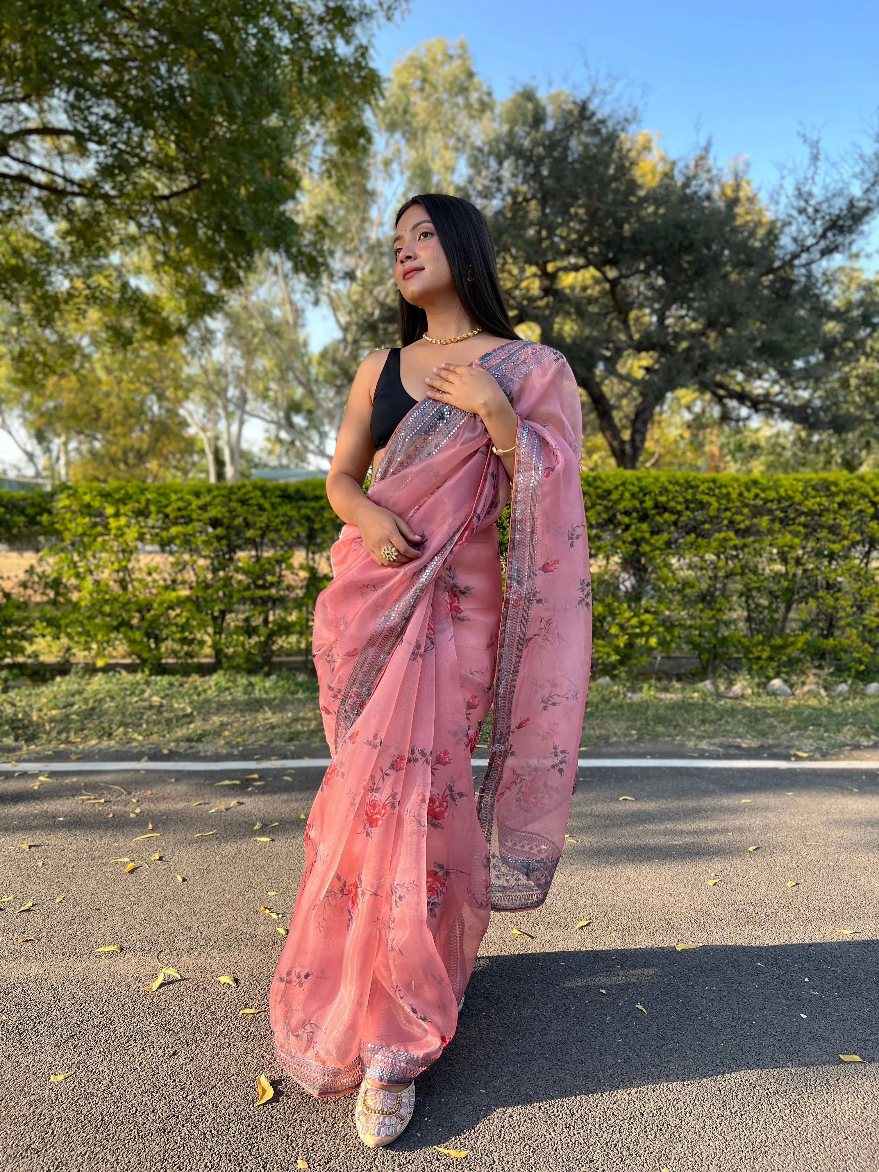 Dusty Pink Saree in Pure Soft Organza Floral Printed Grey Sequins Coding Work