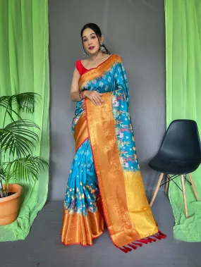 Eastern Blue Saree in Bandhej Kalamkari Print