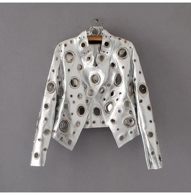 Edgy Metallic Silver Rocker Riveted Biker Jacket