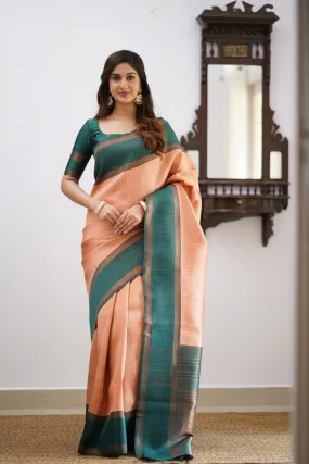 Effervescent Peach Soft Silk Saree With Delightful Blouse Piece