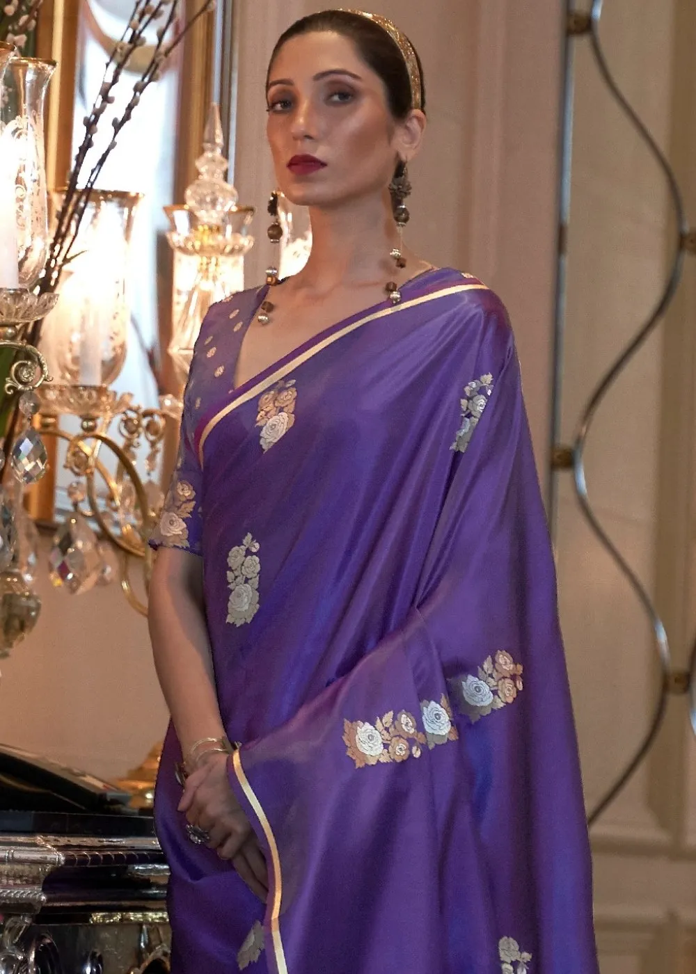 Electric Purple Designer Satin Silk Saree