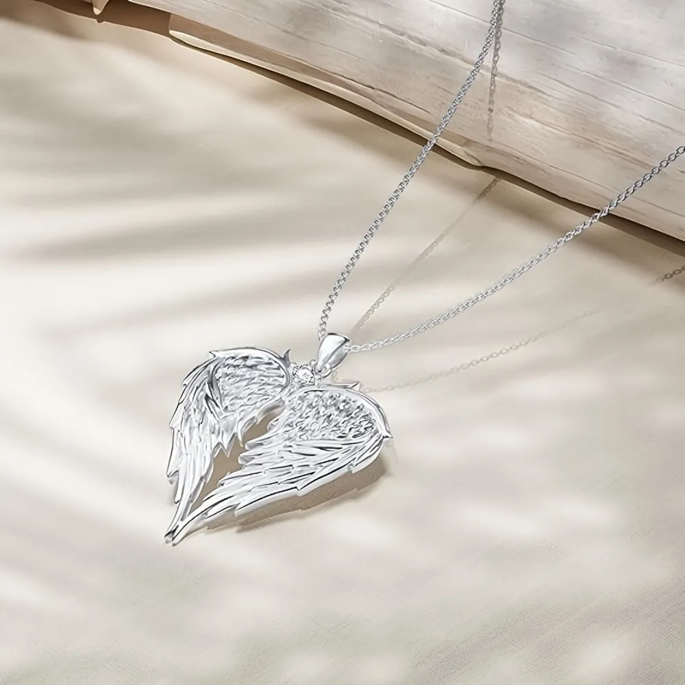 Elegant Angel Wing Heart Shaped Pendant Necklace, Exquisite Fashionable Elegant Versatile Banquet Party Daily Wear Jewelry Gift For Women