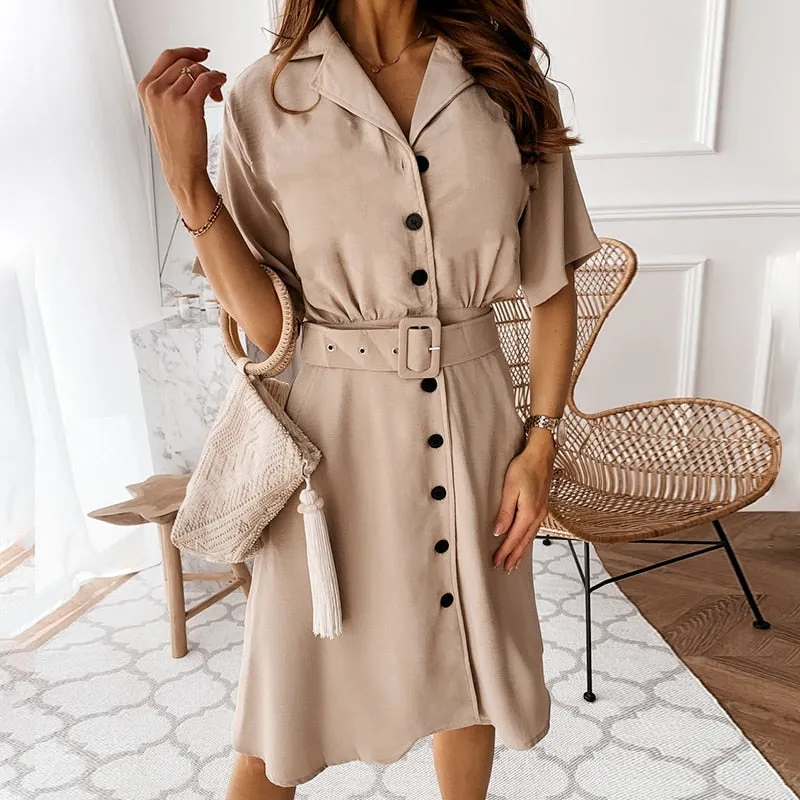 Elegant Button Blazer Dress Women Solid Casual High Waist Belt Short Sleeve Dress