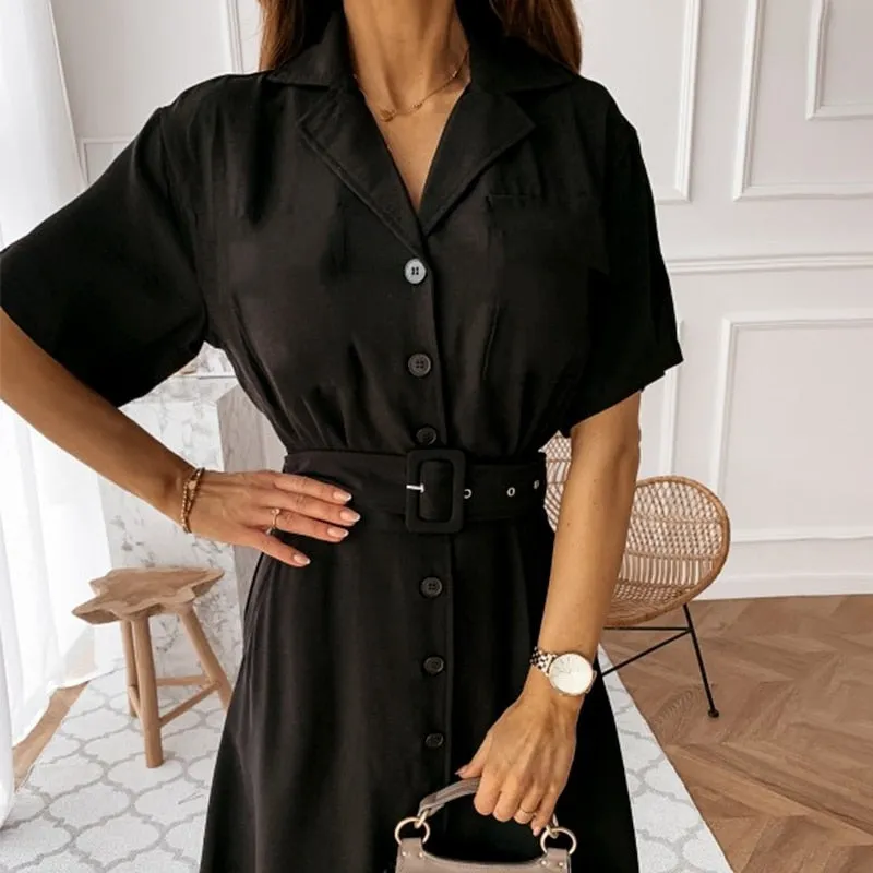 Elegant Button Blazer Dress Women Solid Casual High Waist Belt Short Sleeve Dress