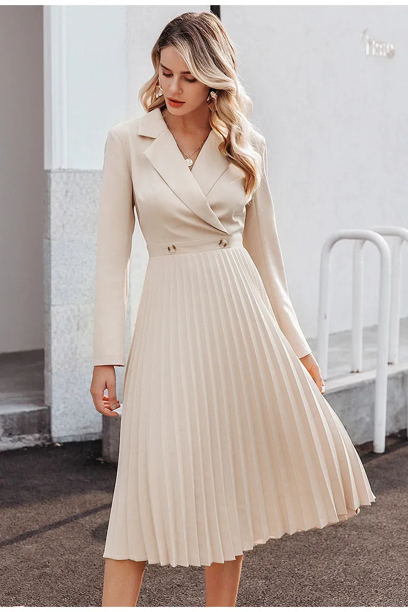 Elegant Pleated Office Solid Breasted Blazer Long Sleeve Party Dress