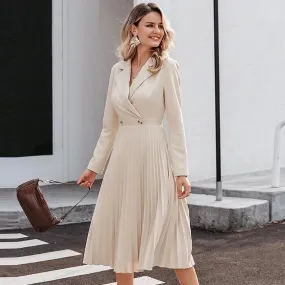 Elegant Pleated Office Solid Breasted Blazer Long Sleeve Party Dress