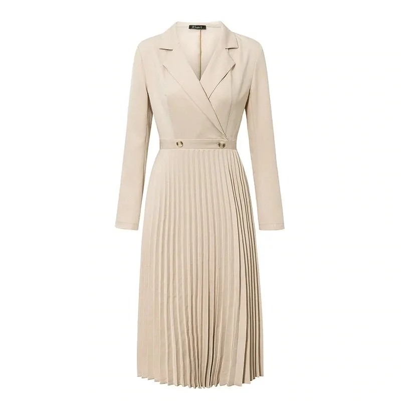 Elegant Pleated Office Solid Breasted Blazer Long Sleeve Party Dress