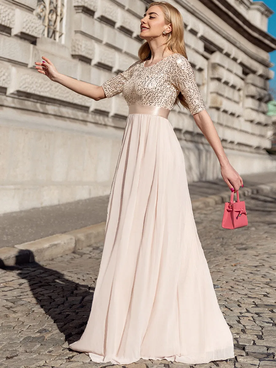 Elegant Round Neckline 3/4 Sleeve Sequins Patchwork Wholesale Evening Dress