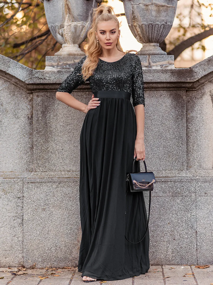 Elegant Round Neckline 3/4 Sleeve Sequins Patchwork Wholesale Evening Dress