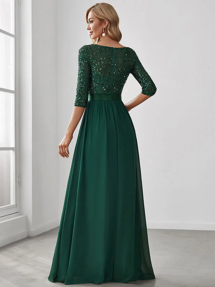 Elegant Round Neckline 3/4 Sleeve Sequins Patchwork Wholesale Evening Dress