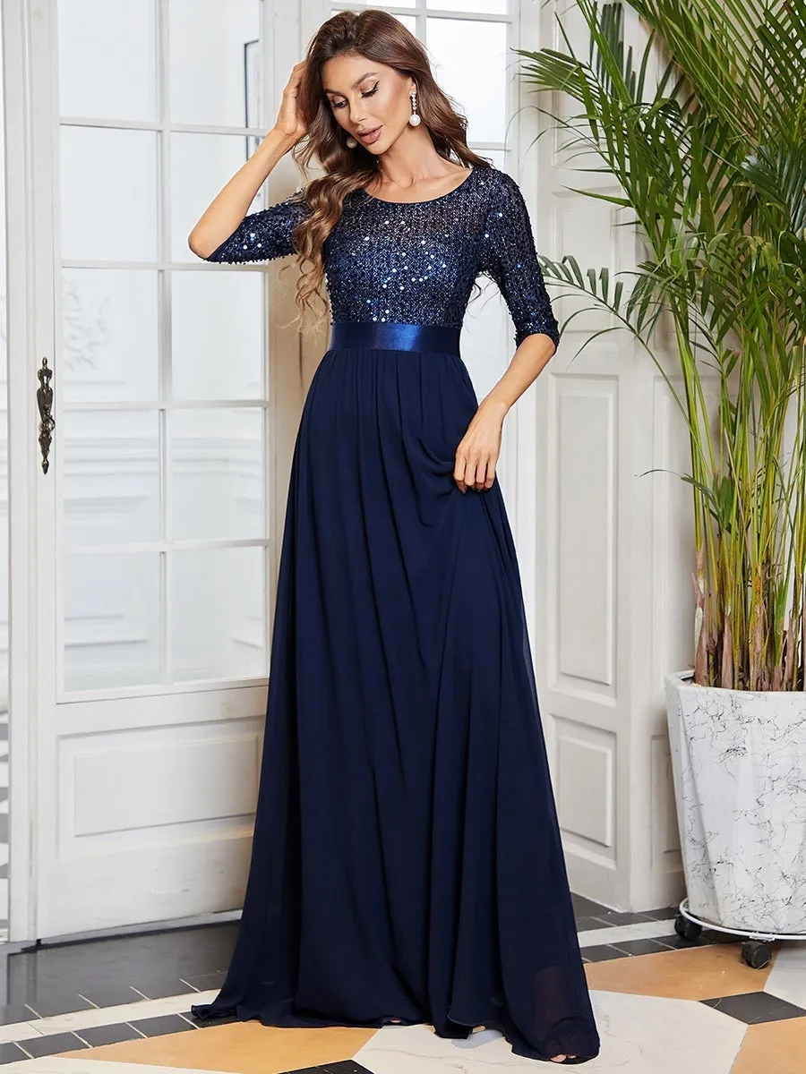 Elegant Round Neckline 3/4 Sleeve Sequins Patchwork Wholesale Evening Dress