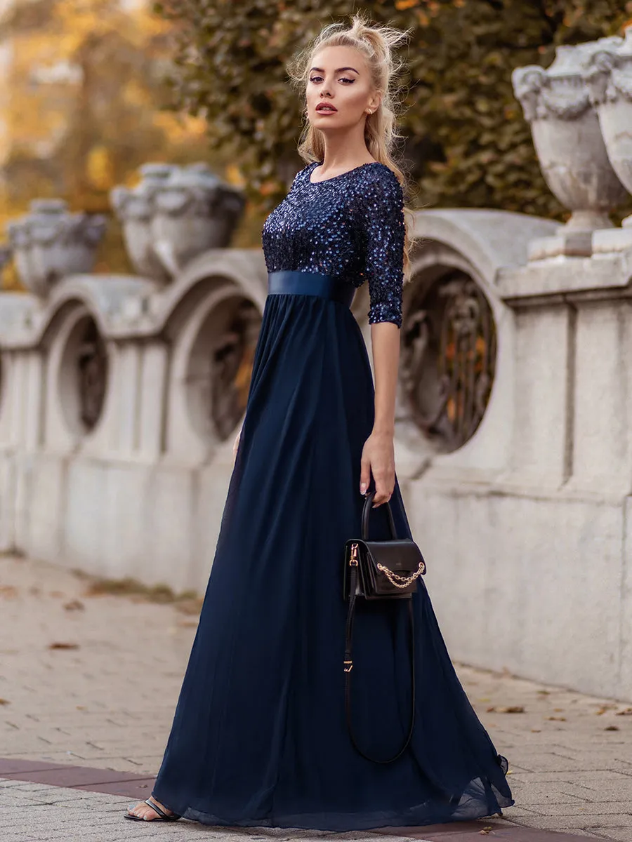 Elegant Round Neckline 3/4 Sleeve Sequins Patchwork Wholesale Evening Dress