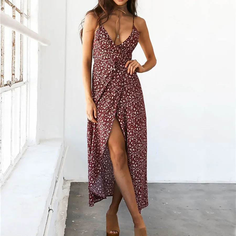 Elegant Spaghtetti Floral High Thigh Split Midi Dress