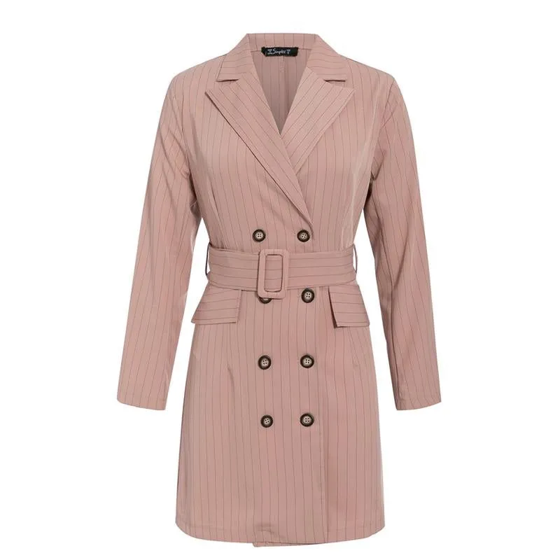 Elegant Stripe Sash Belt Blazer Office Blazer Double Breasted Short Dress