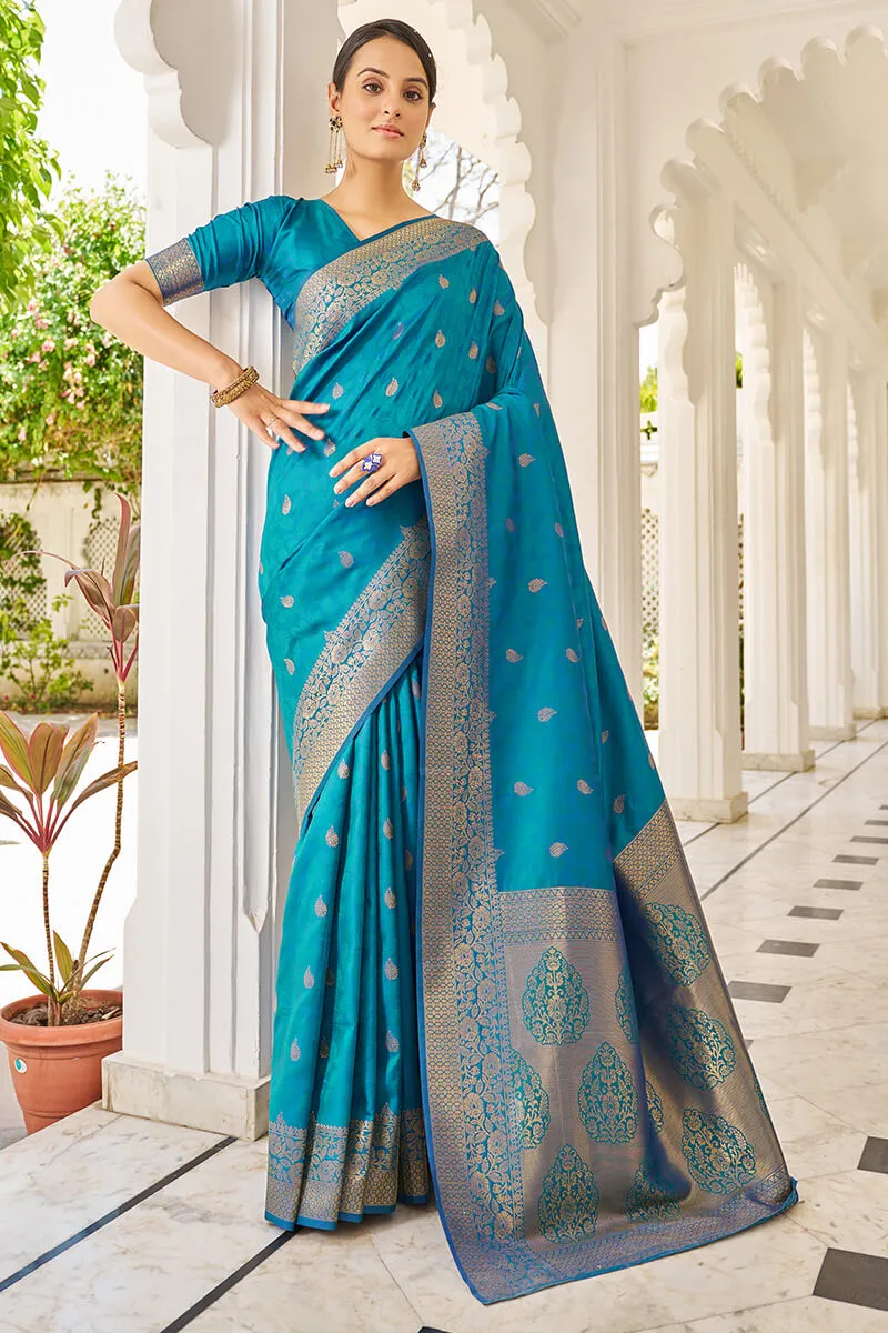 Elision Firozi Kanjivaram Silk Saree With Comely Blouse Piece