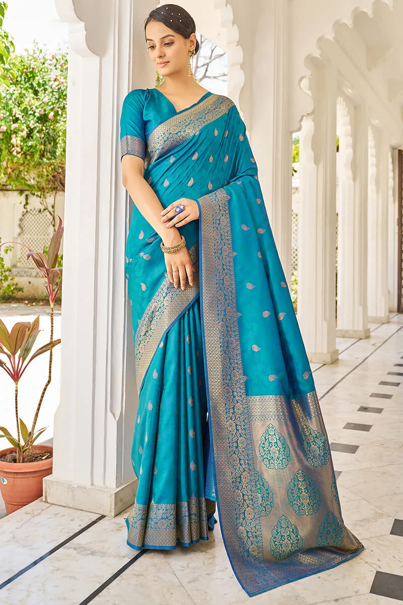 Elision Firozi Kanjivaram Silk Saree With Comely Blouse Piece