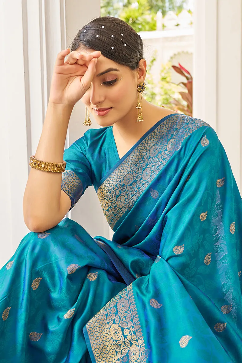 Elision Firozi Kanjivaram Silk Saree With Comely Blouse Piece