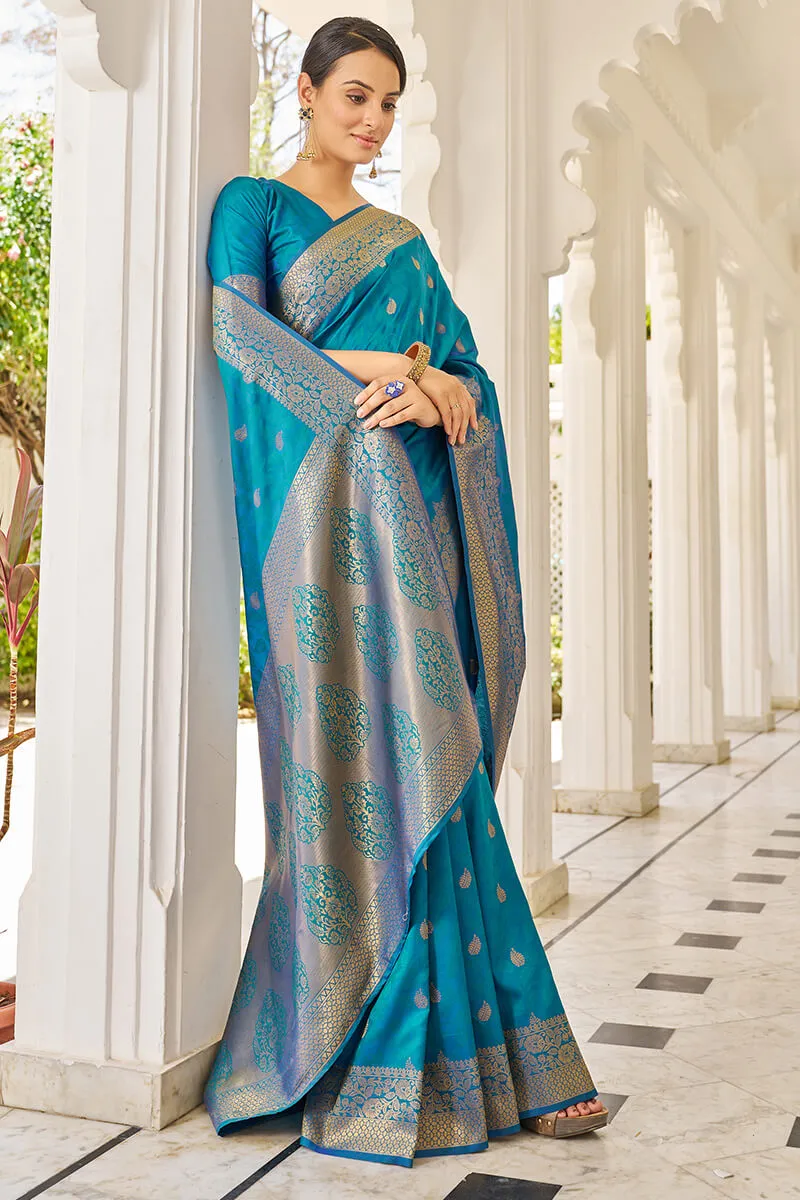 Elision Firozi Kanjivaram Silk Saree With Comely Blouse Piece