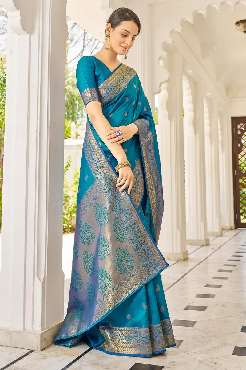 Elision Firozi Kanjivaram Silk Saree With Comely Blouse Piece