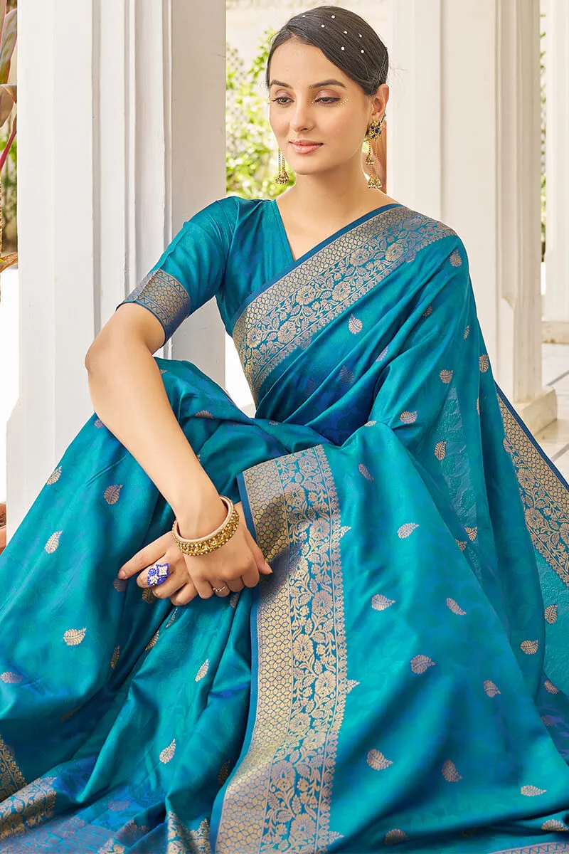 Elision Firozi Kanjivaram Silk Saree With Comely Blouse Piece