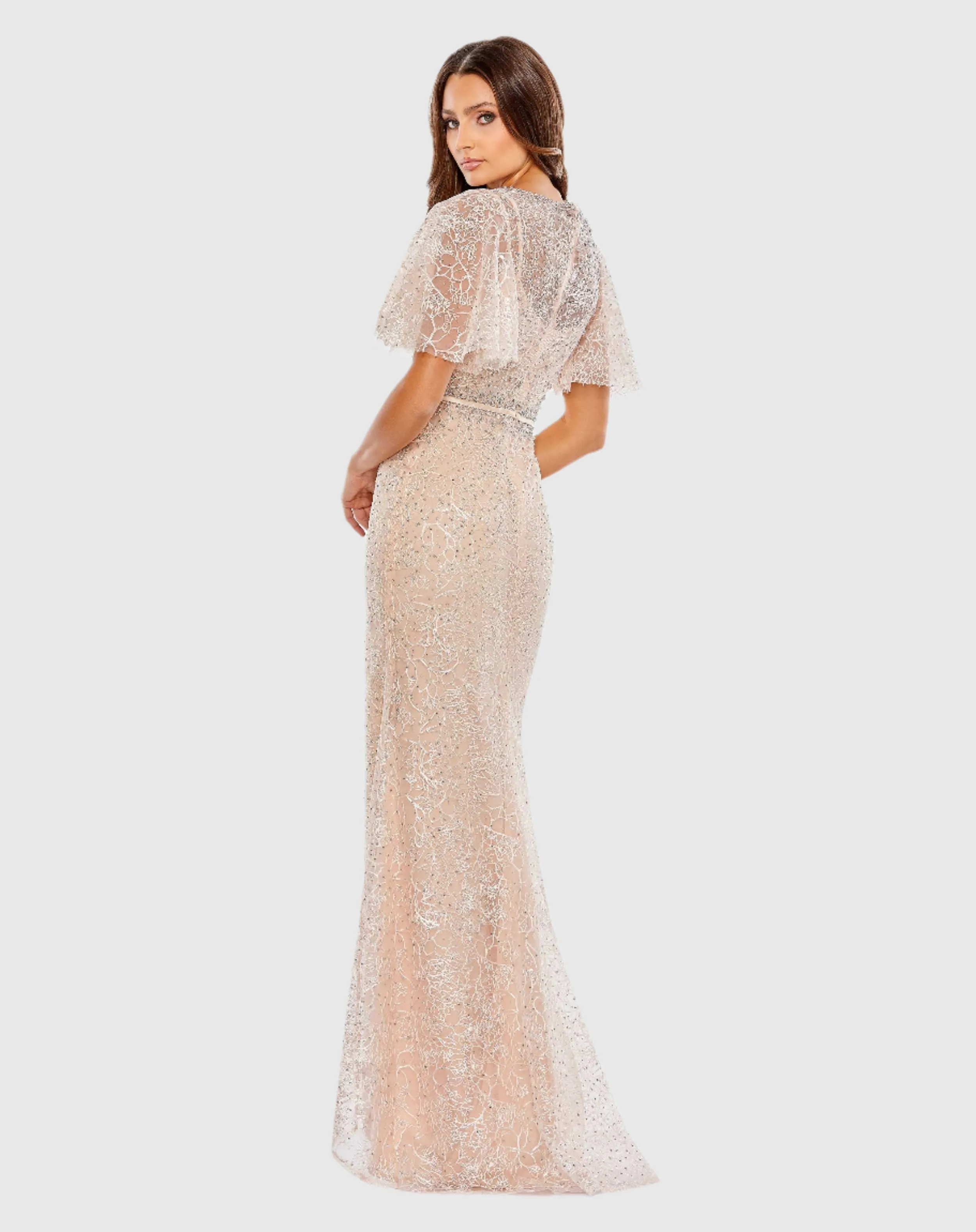 Embellished Neck Butterfly Sleeve Trumpet Gown