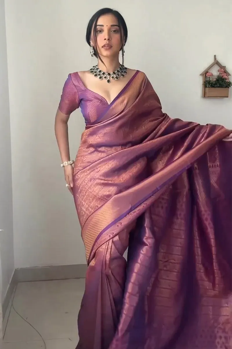 Enticing 1-Minute Ready To Wear Purple Kanjivaram Silk Saree