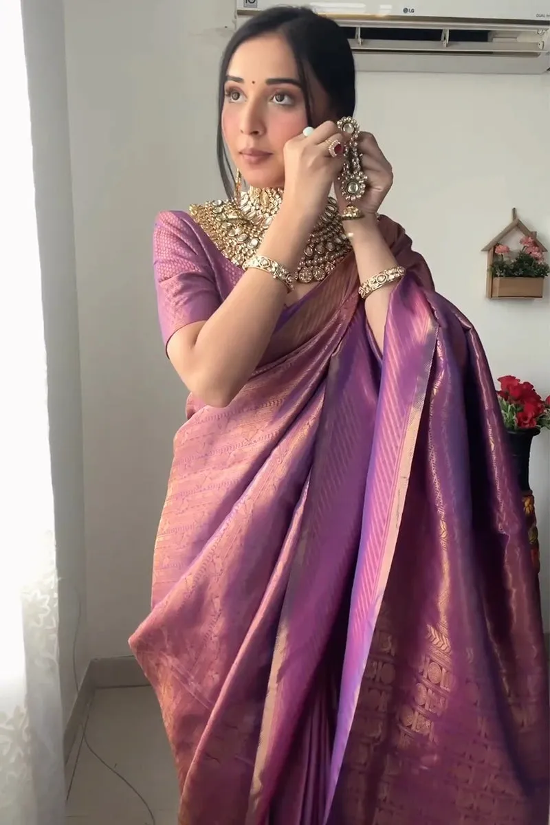 Enticing 1-Minute Ready To Wear Purple Kanjivaram Silk Saree