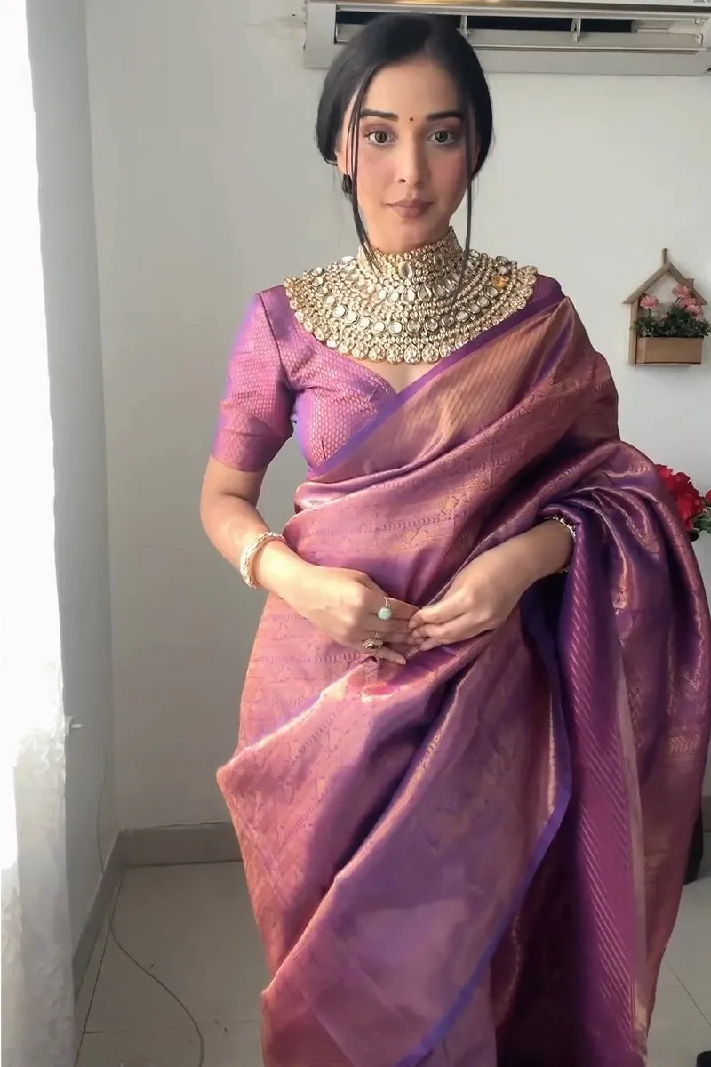 Enticing 1-Minute Ready To Wear Purple Kanjivaram Silk Saree