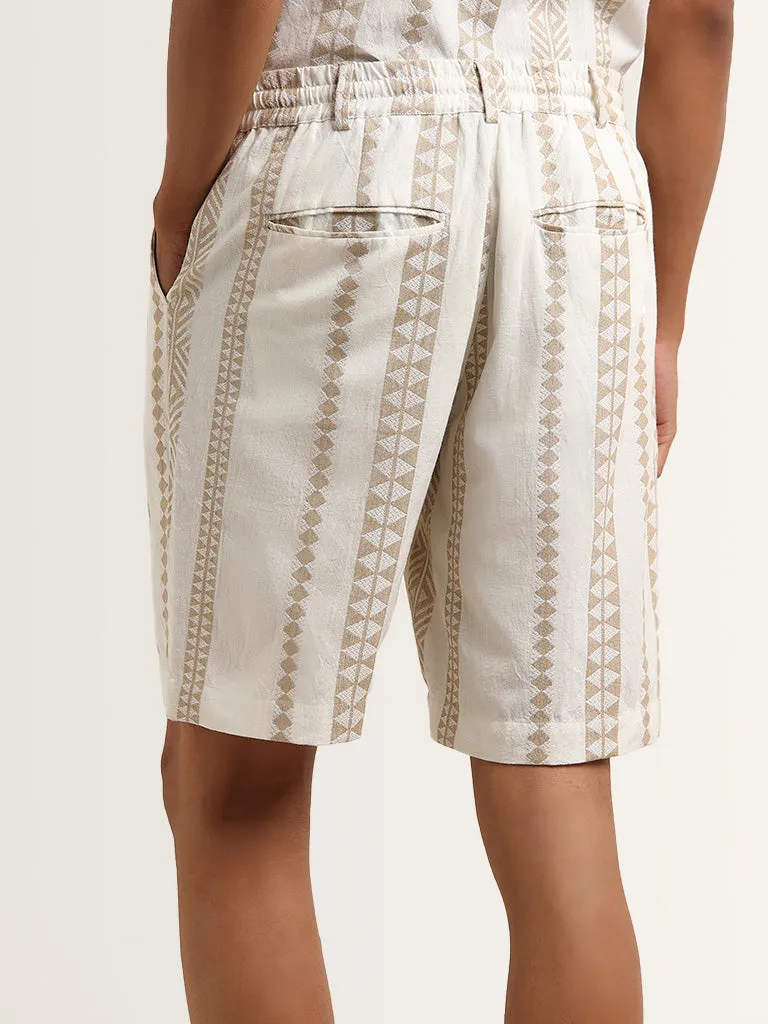 ETA Beige Geometric Printed Relaxed Fit Cotton Mid Rise Shorts