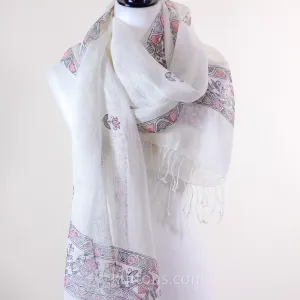 Ethnic Elegance - Madhubani Artisan Hand-Painted Linen Wrap | White, Peacock Motifs, 20x80"