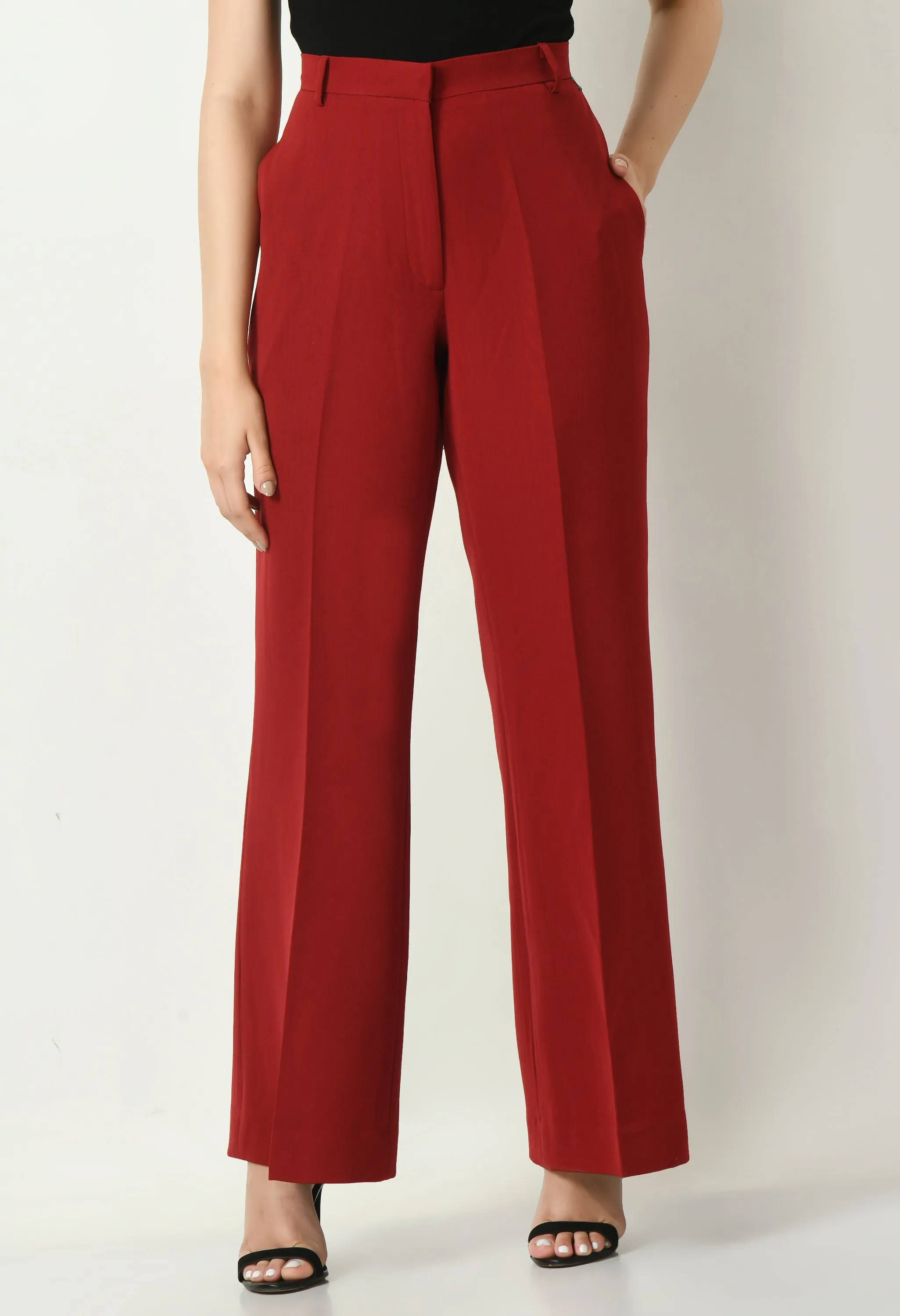 Exude Eminence Solid Bootcut Trousers (Red)