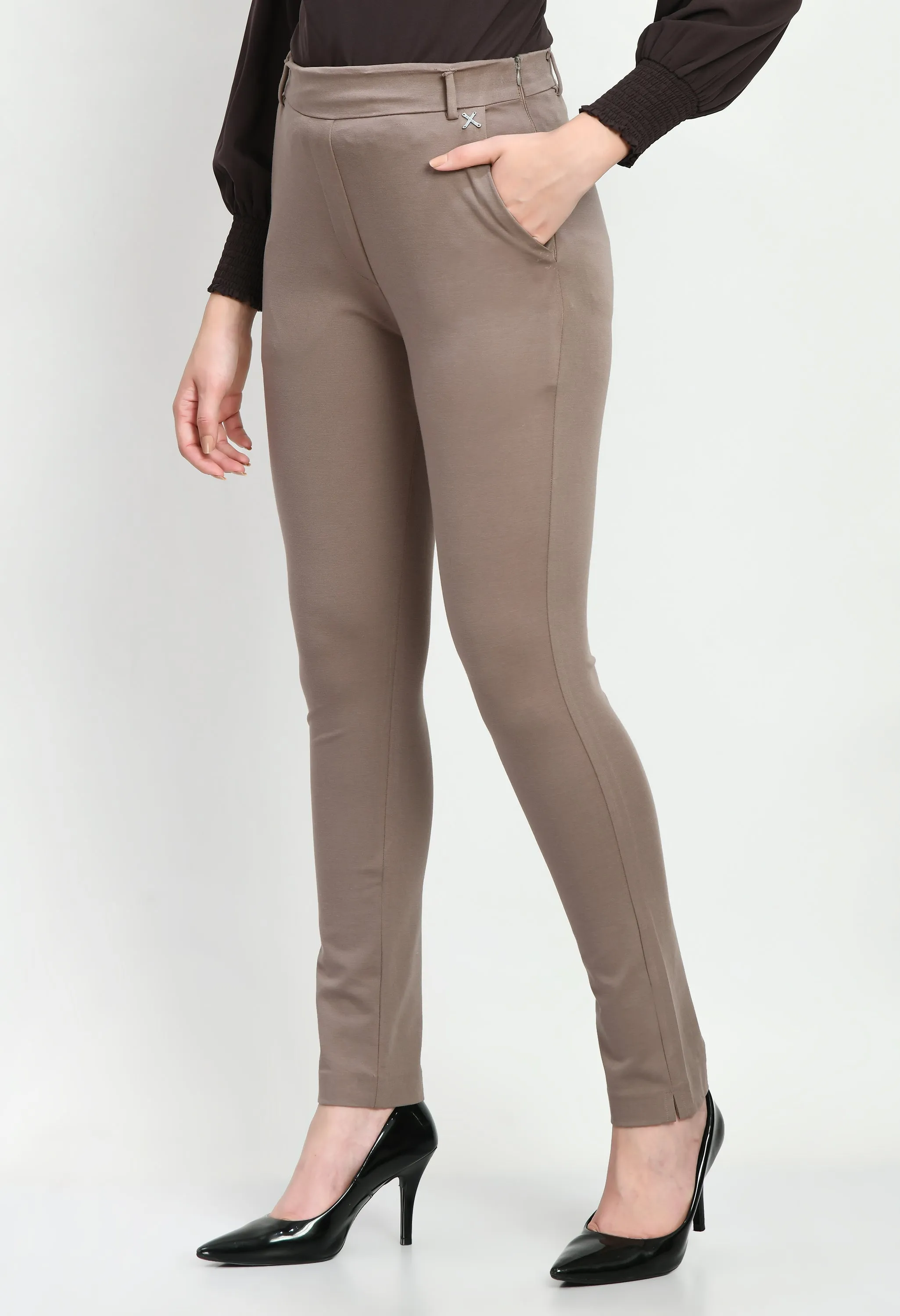 Exude Respect Solid 4 Way Stretch Slim Trousers (Camel Beige)