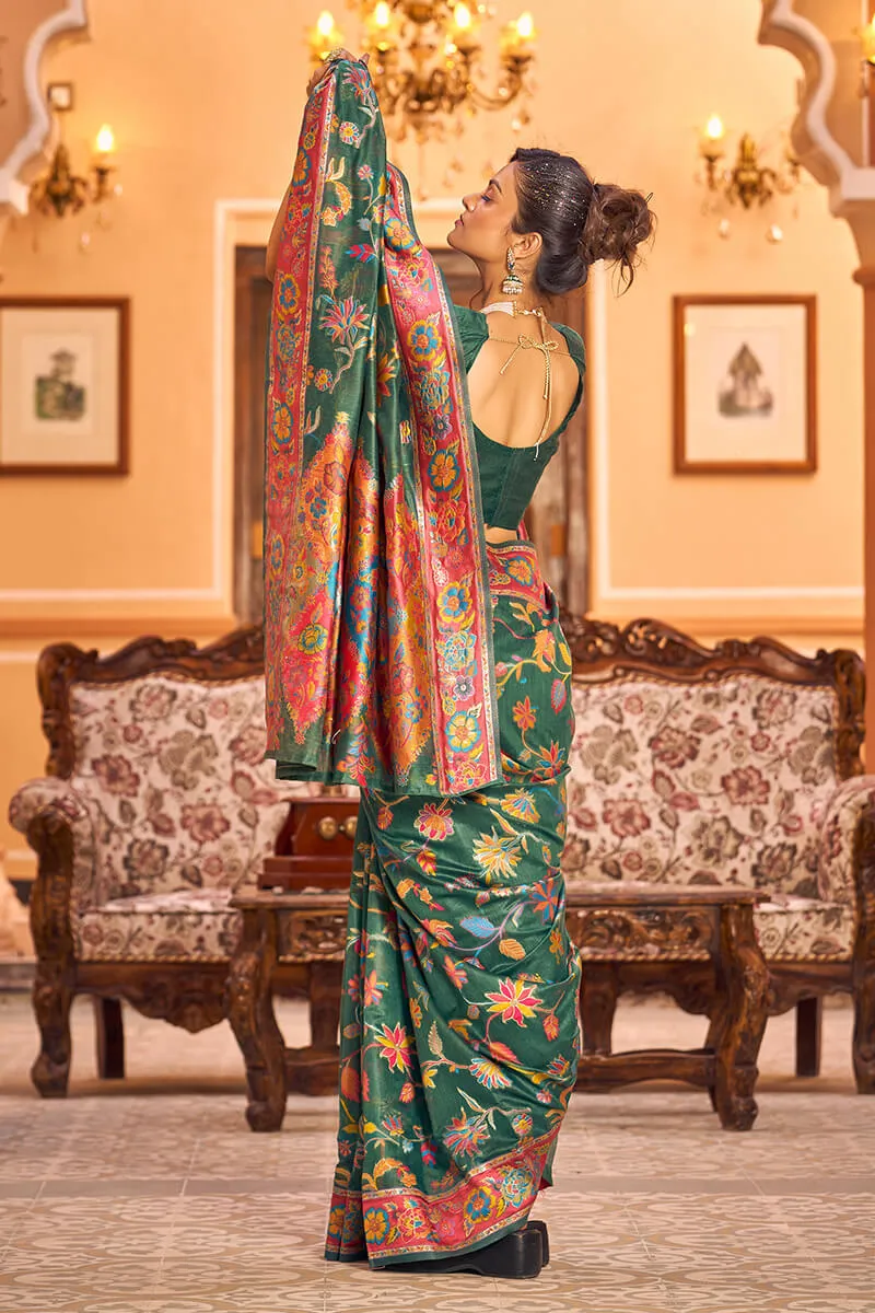 Eye-catching Dark Green Linen Silk Saree With Beautiful Blouse Piece