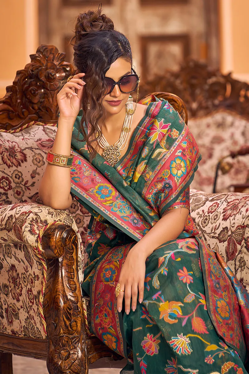 Eye-catching Dark Green Linen Silk Saree With Beautiful Blouse Piece