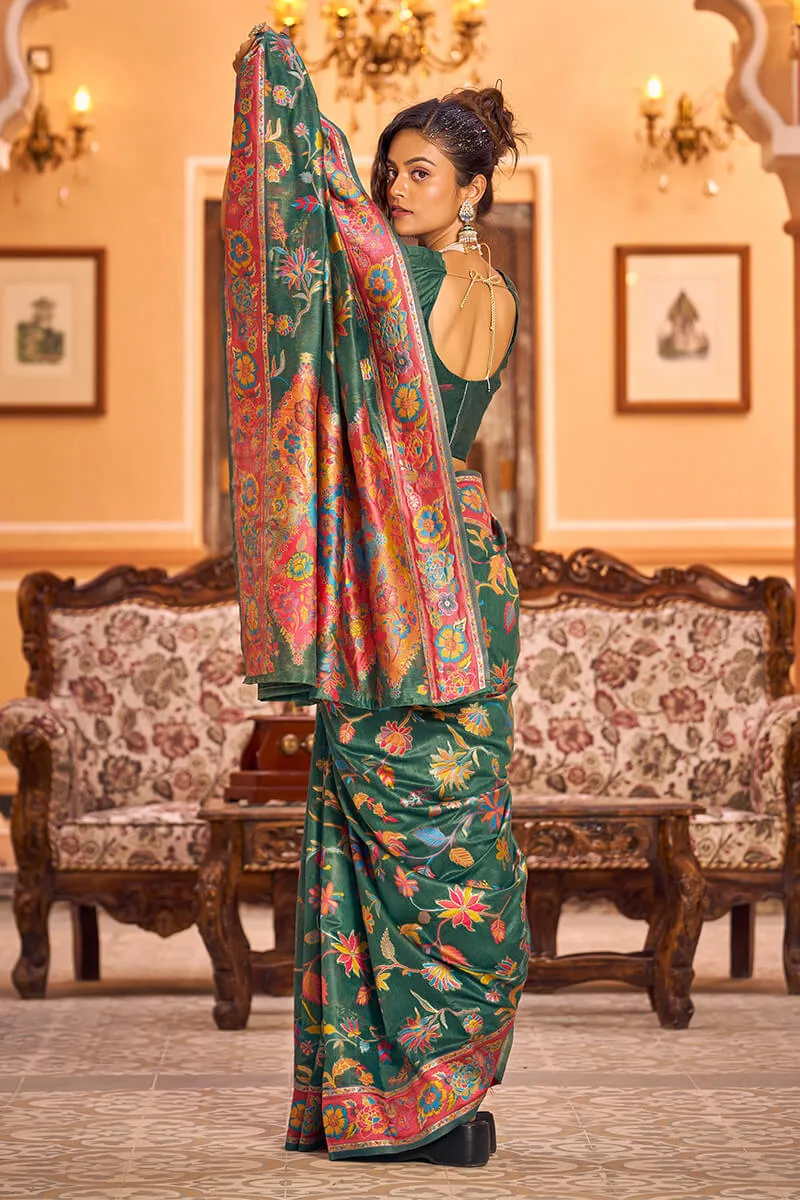 Eye-catching Dark Green Linen Silk Saree With Beautiful Blouse Piece