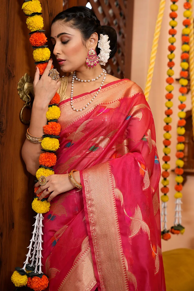 Eye-catching Dark Pink Organza Silk Saree With Beautiful Blouse Piece