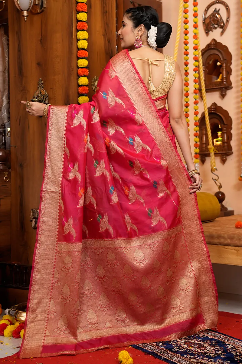 Eye-catching Dark Pink Organza Silk Saree With Beautiful Blouse Piece